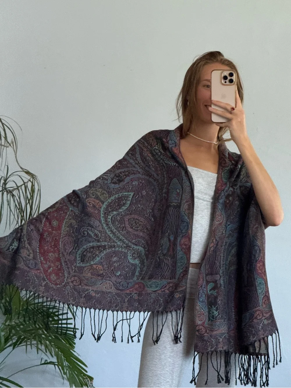 Pashmina Paisley Shawl/Scarf with Fringe in Deep Burgundy, Teal & Charcoal